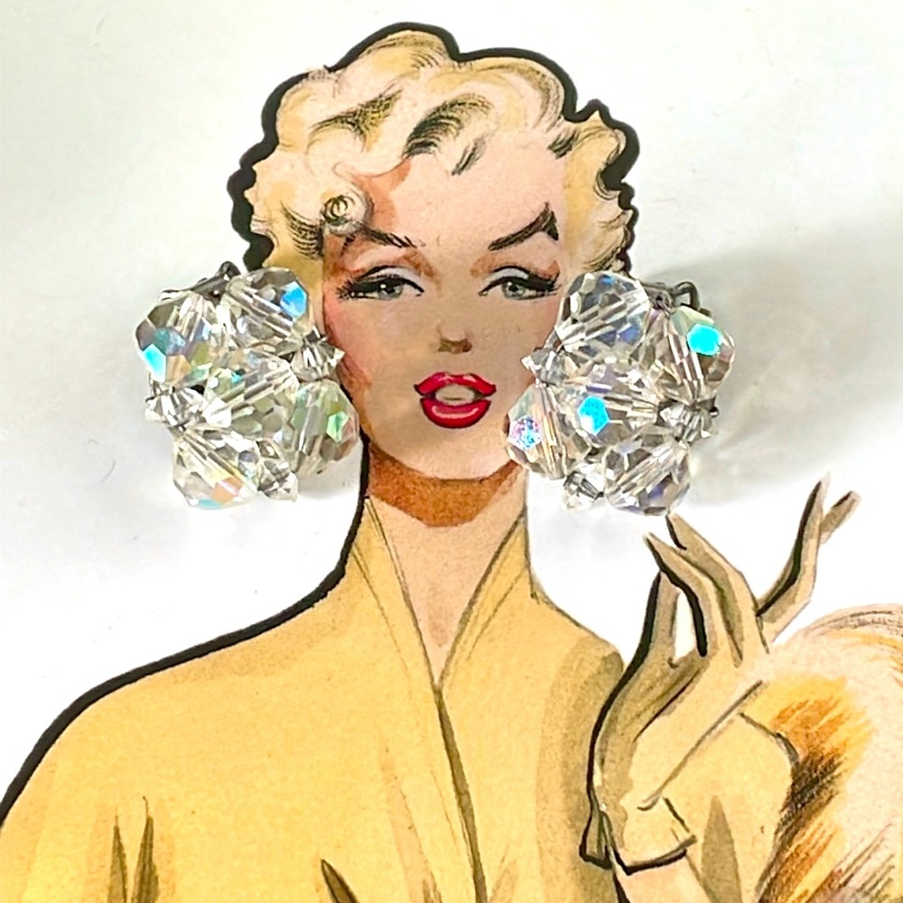 VINTAGE AB RHINESTONES CLIP BACK CLUSTER EARRINGS OLD HOLLYWOOD GLAMOUR